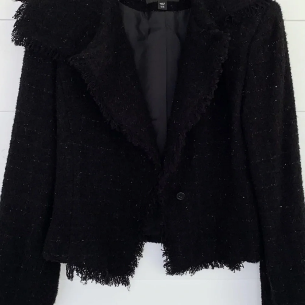 Express Wool Blend Boucle Fringe Trim Moto Jacket Black 5/6